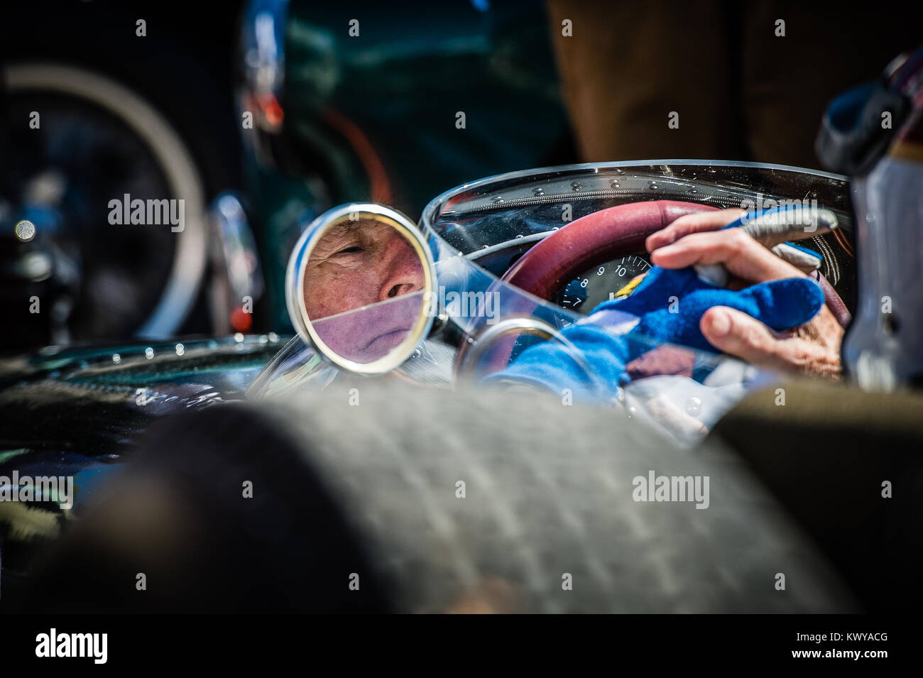 Sir Jackie Stewart relaxing in the cockpit of a Brabham before he goes out for a demonstration drive during the 2016 Goodwood Revival Stock Photo