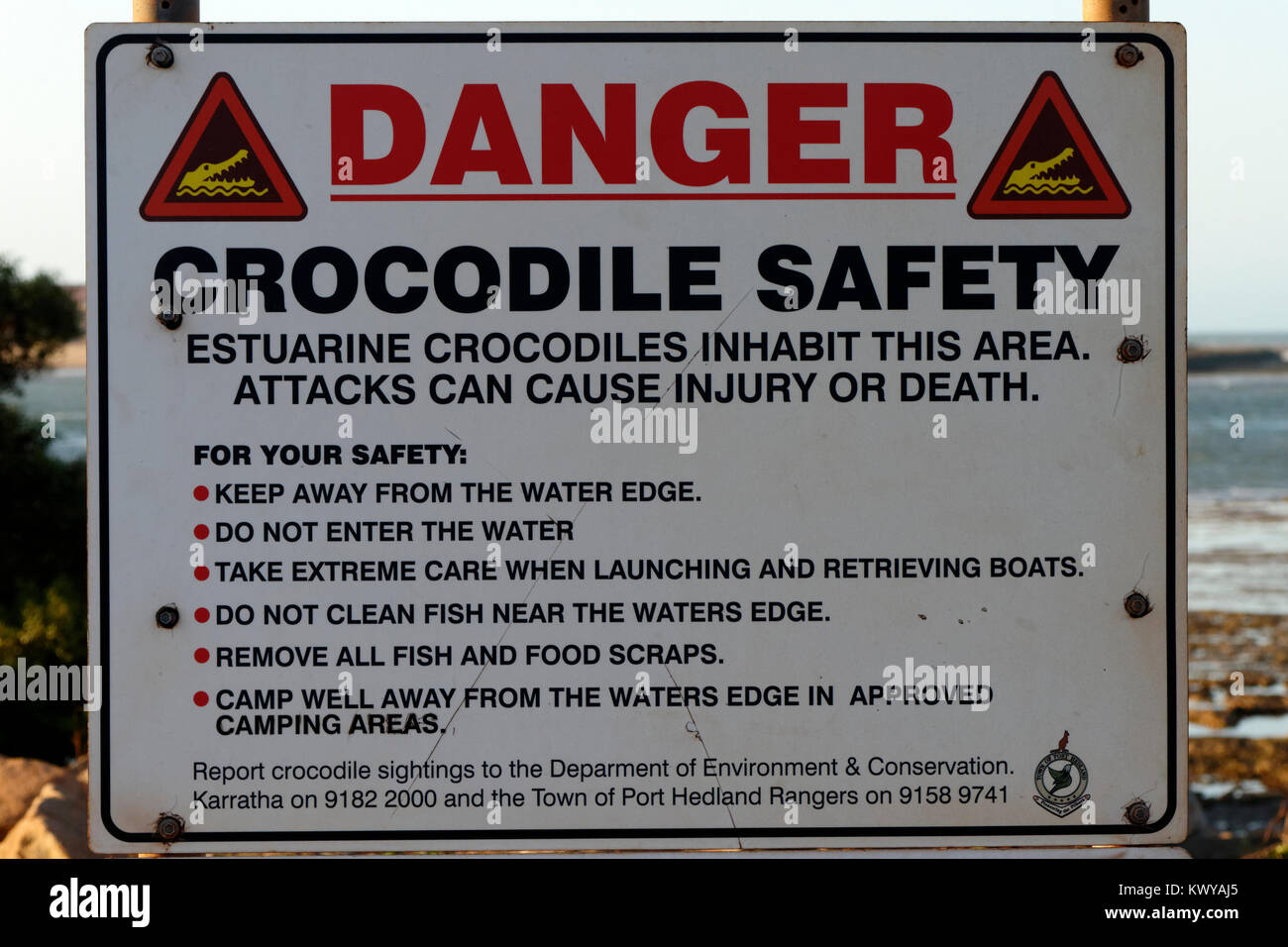 Crocodile safety warning sign, Port Hedland, Western Australia Stock Photo
