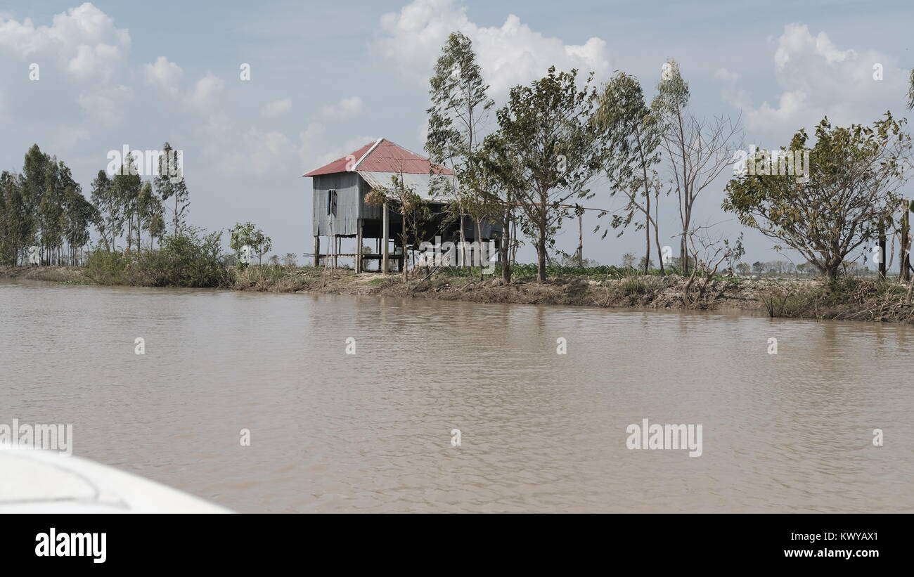 Pole house on Stilts Takeo Cambodia Mekong Delta Rural Secluded Flood Plain Fishing Area Fantastic Scenery of a Flat, Low-lying Area Stock Photo
