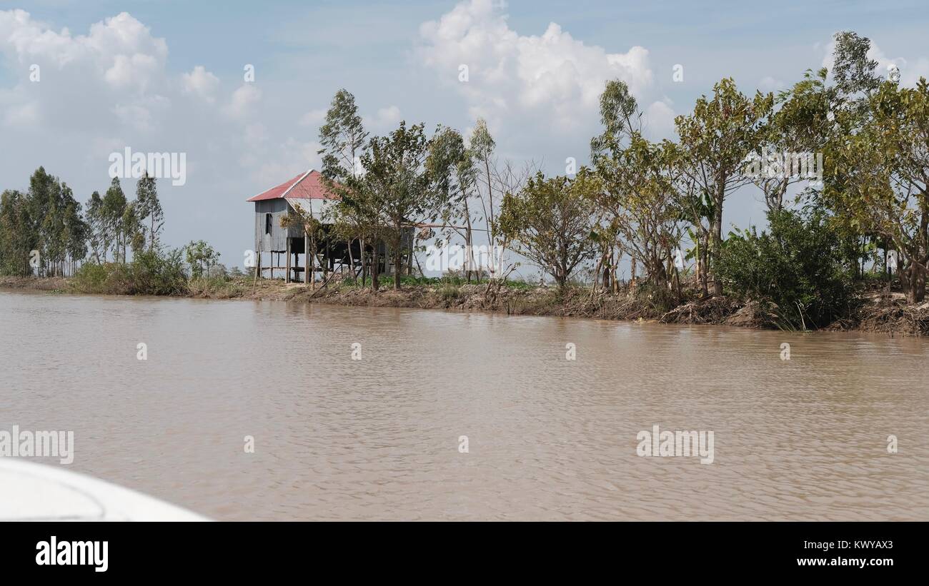 Pole house on Stilts Takeo Cambodia Mekong Delta Rural Secluded Flood Plain Fishing Area Fantastic Scenery of a Flat, Low-lying Area Stock Photo