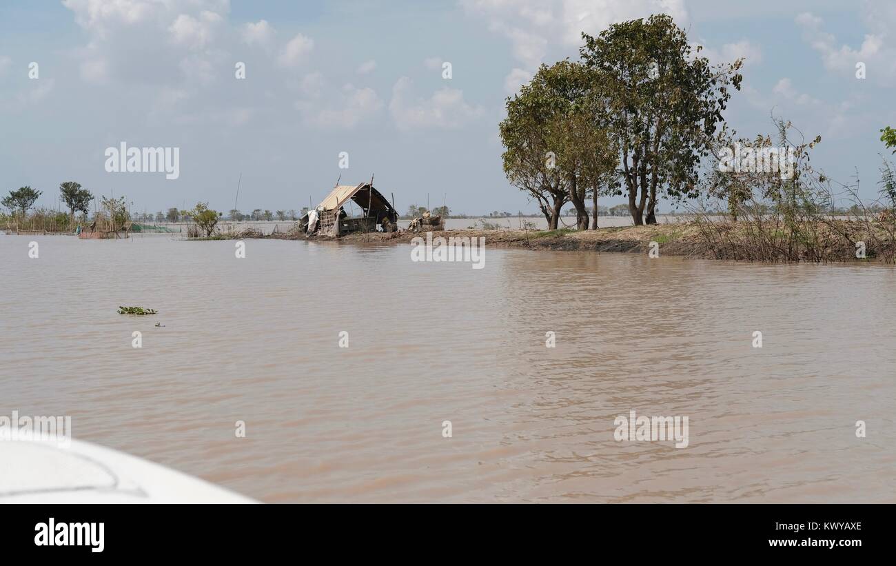 House Surrounded by Water Takeo Cambodia Mekong Delta Rural Secluded Flood Plain Fishing Area Fantastic Scenery of a Flat, Low-lying Area Stock Photo