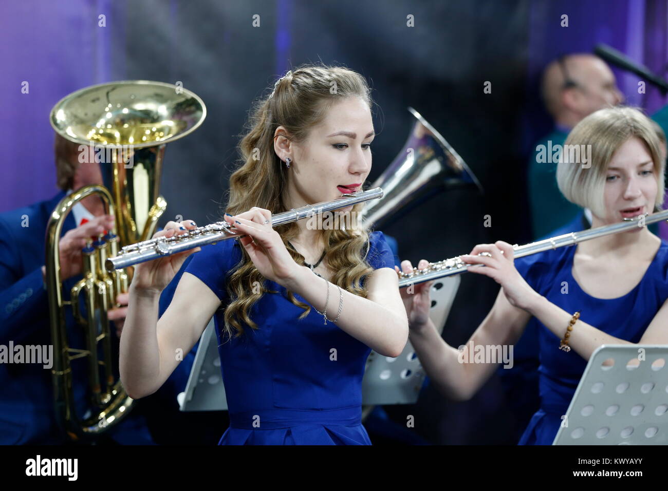 Belarus, Gomel, the performance of the Gomel city orchestra. March 29, 2017.Girl playing the flute.Play music. Play the flute. The girl in the orchest Stock Photo