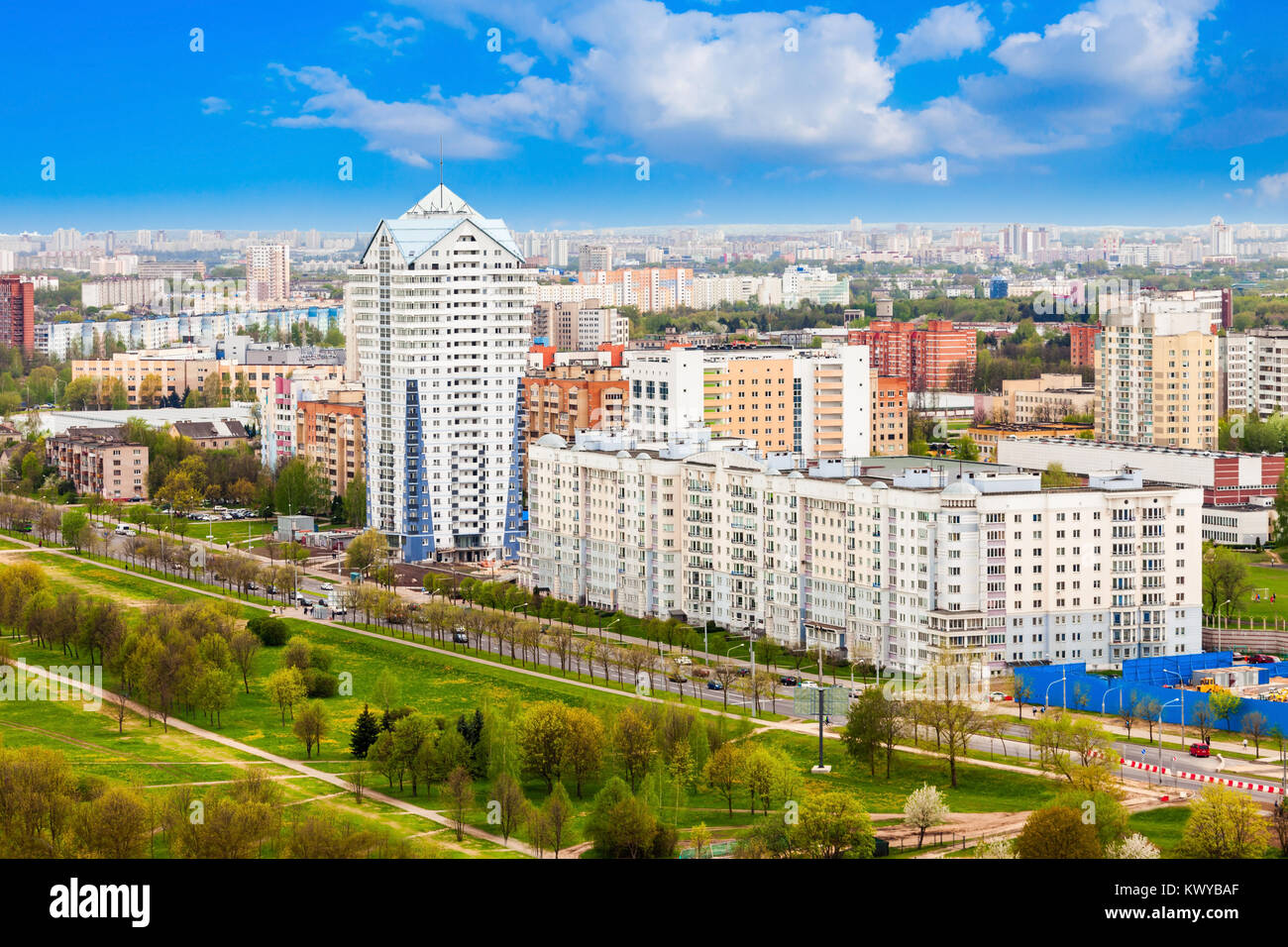 Minsk aerial panoramic view from the National Library of Belarus observation deck in Minsk, Belarus. Stock Photo