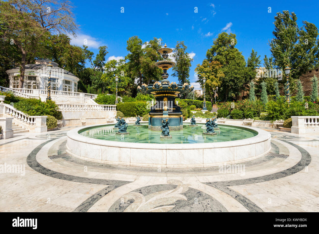 Philharmonic Fountain Park near the Old City in Baku, Azerbaijan. Also known as the Governor's Garden or Vahid Park, slopes down towards the Caspian f Stock Photo