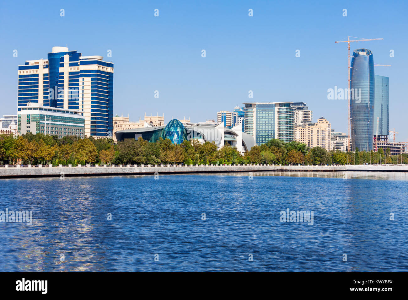 Baky skyline view from Baku boulevard (the Caspian Sea embankment). Baku is the capital and largest city of Azerbaijan and of the Caucasus region. Stock Photo