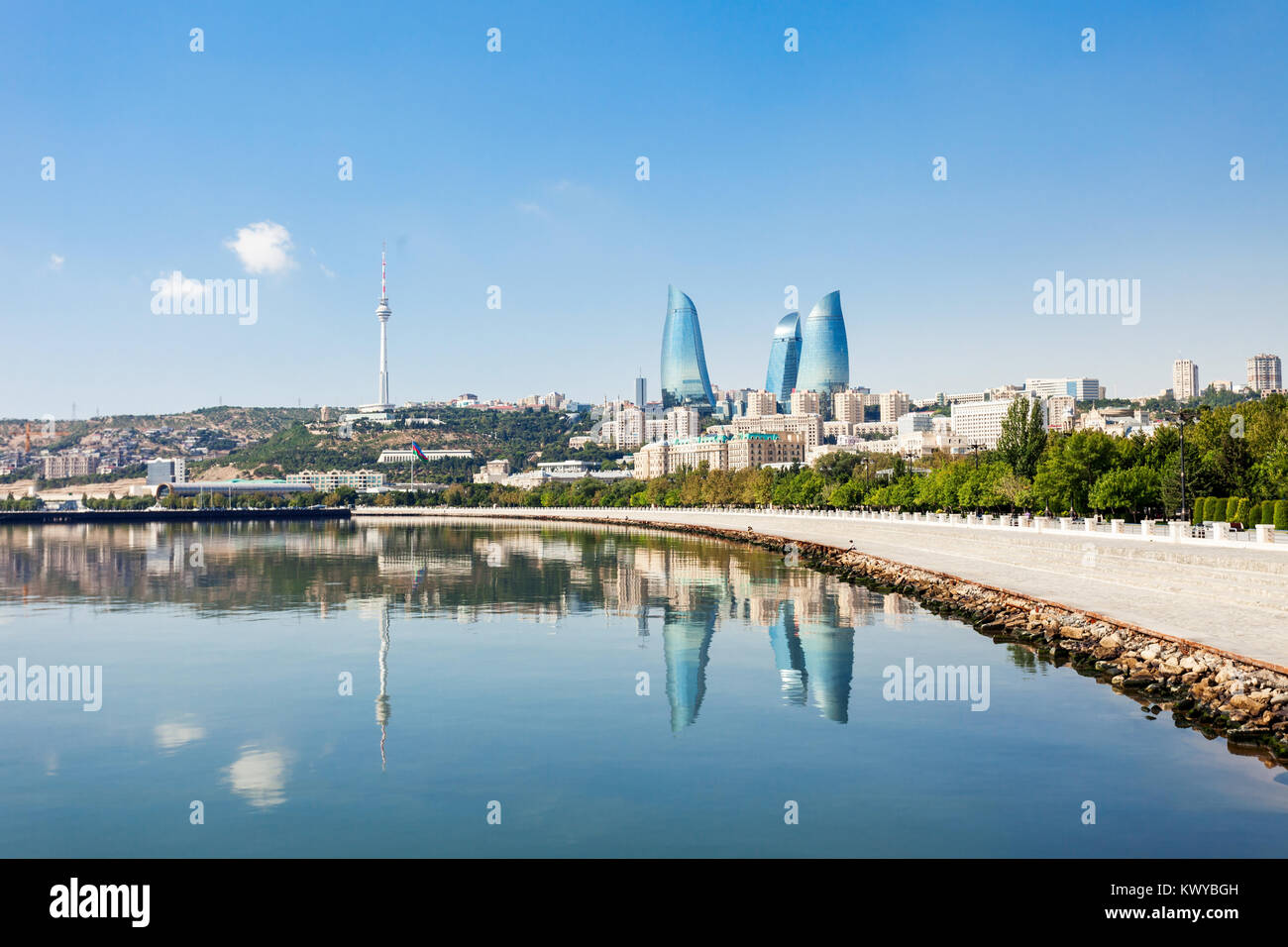 Baky skyline view from Baku boulevard (the Caspian Sea embankment). Baku is the capital and largest city of Azerbaijan and of the Caucasus region. Stock Photo