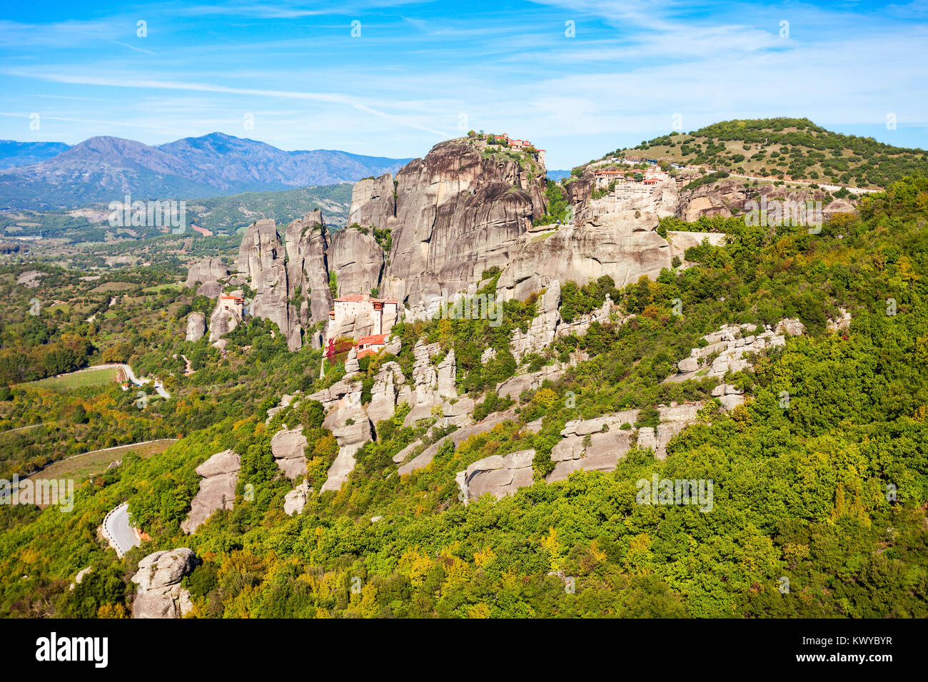 Monasteries at the Meteora. Meteora is one of the largest built complexes of Eastern Orthodox monasteries in Greece. Stock Photo