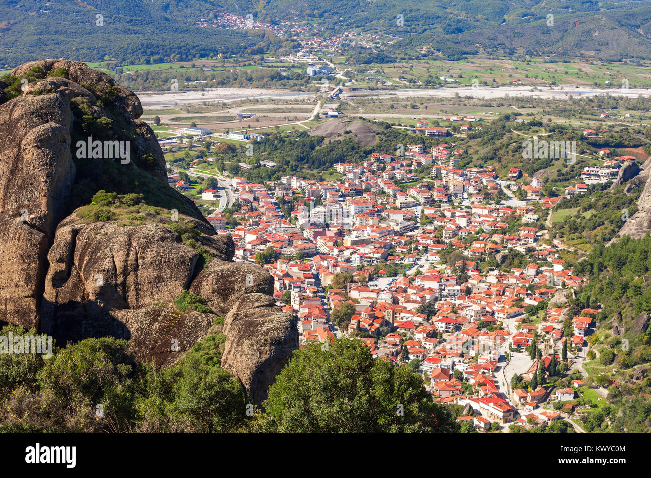 Meteora rocks and Kalabaka or Kalambaka and Kalampaka. It is a town and amunicipality in the Trikala region in Greece. Stock Photo