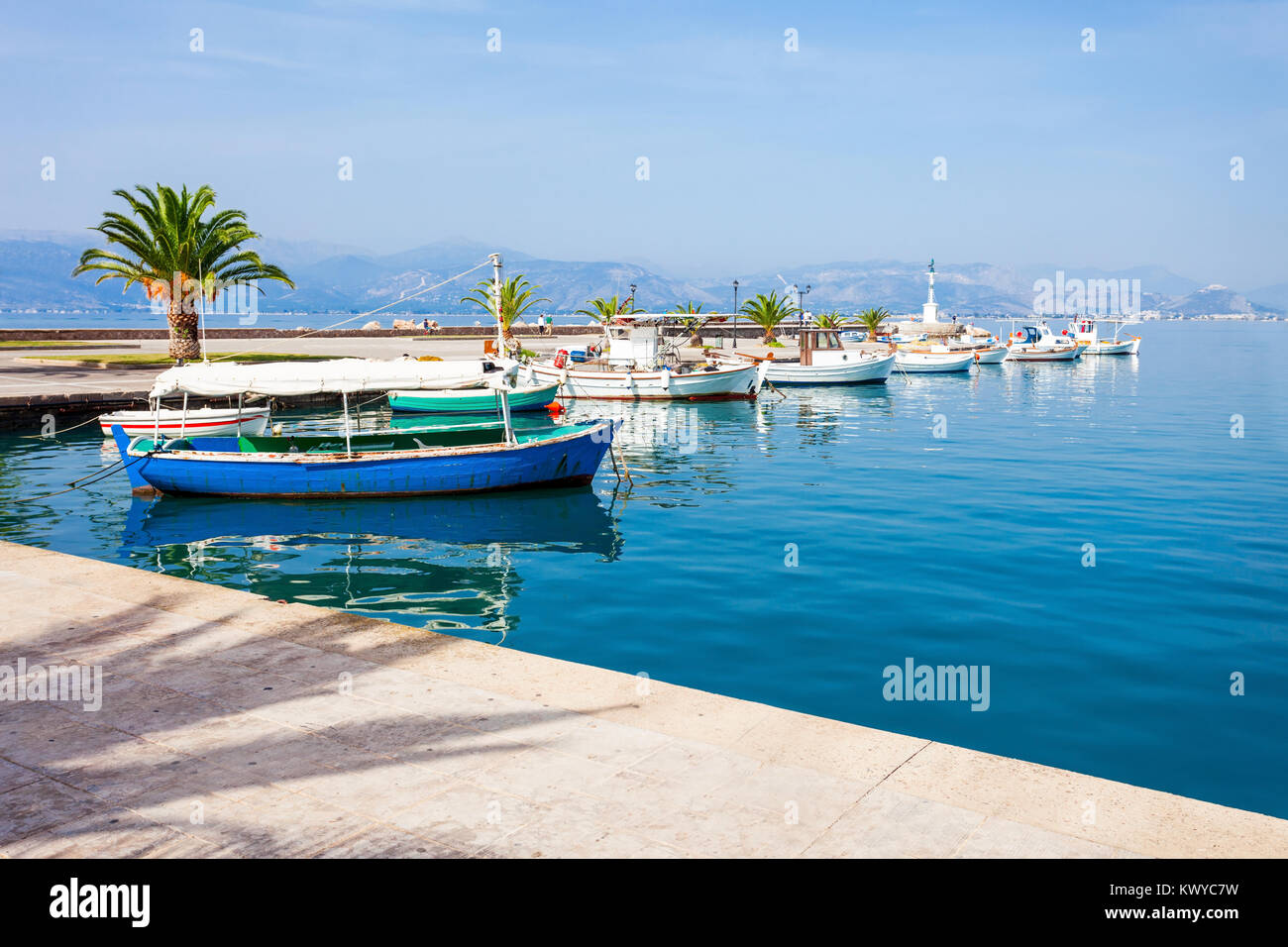 Seafront promenade in Nafplio. Nafplio is a seaport town in the Peloponnese peninsula, Greece. Stock Photo