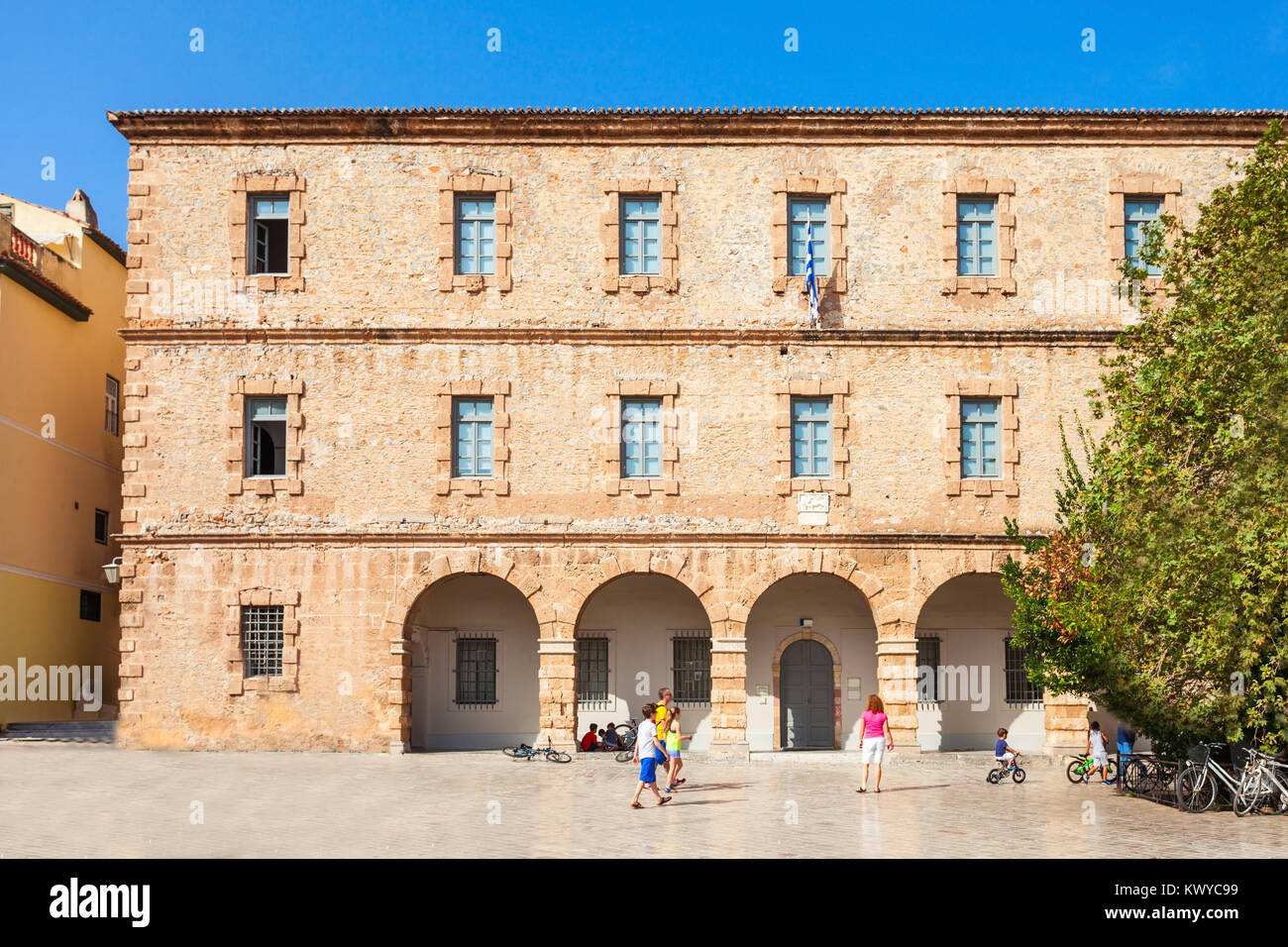 Archaeological Museum of Nauplion is located on Syntagma or Constitution square, the central square of Nafplio town in Greece. Stock Photo