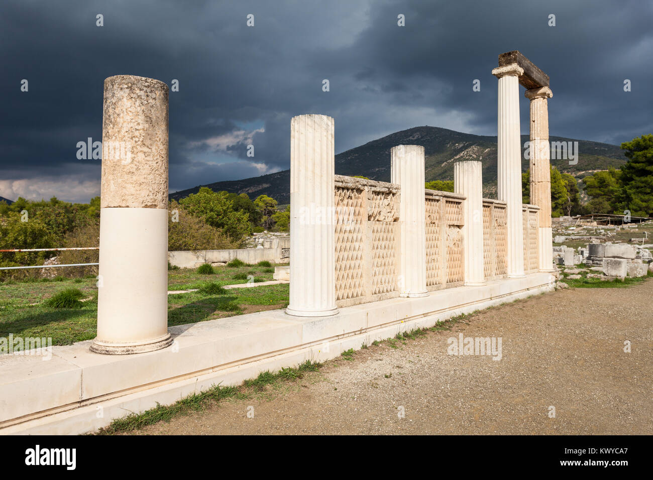 Abaton of Epidaurus at the sanctuary in Greece. Epidaurus is a ancient city dedicated to the ancient Greek God of medicine Asclepius. Stock Photo