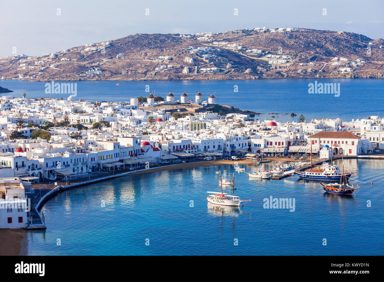 Mykonos island aerial panoramic view. Mykonos is a island, part of the Cyclades in Greece. Stock Photo