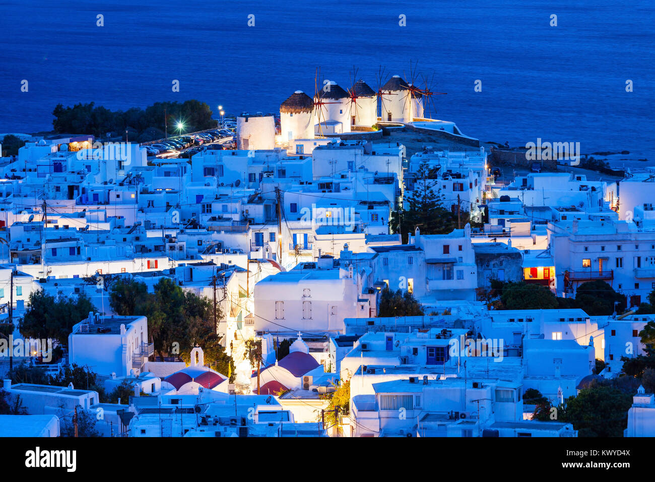 The Mykonos windmills are iconic feature of the Greek island of the Mykonos. The island is one of the Cyclades islands in the Aegean Sea, Greece. Stock Photo