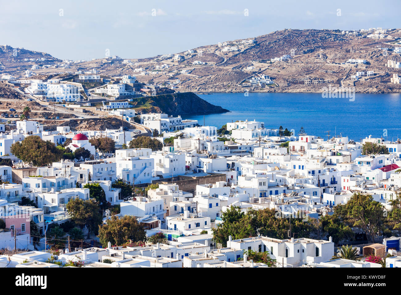 Mykonos island aerial panoramic view. Mykonos is a island, part of the Cyclades in Greece. Stock Photo