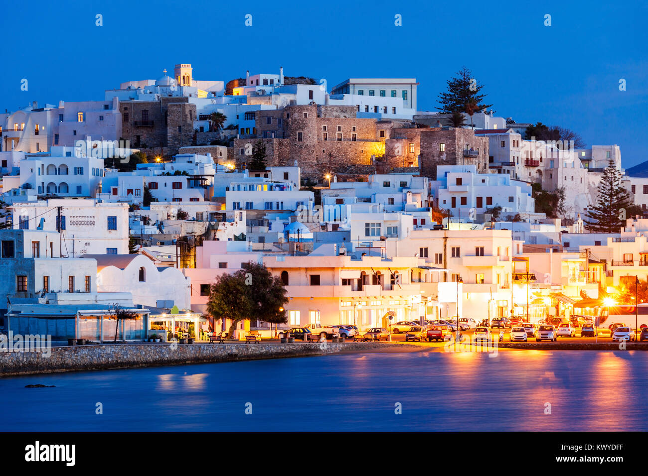 Naxos island aerial panoramic view at night. Naxos is the largest of ...