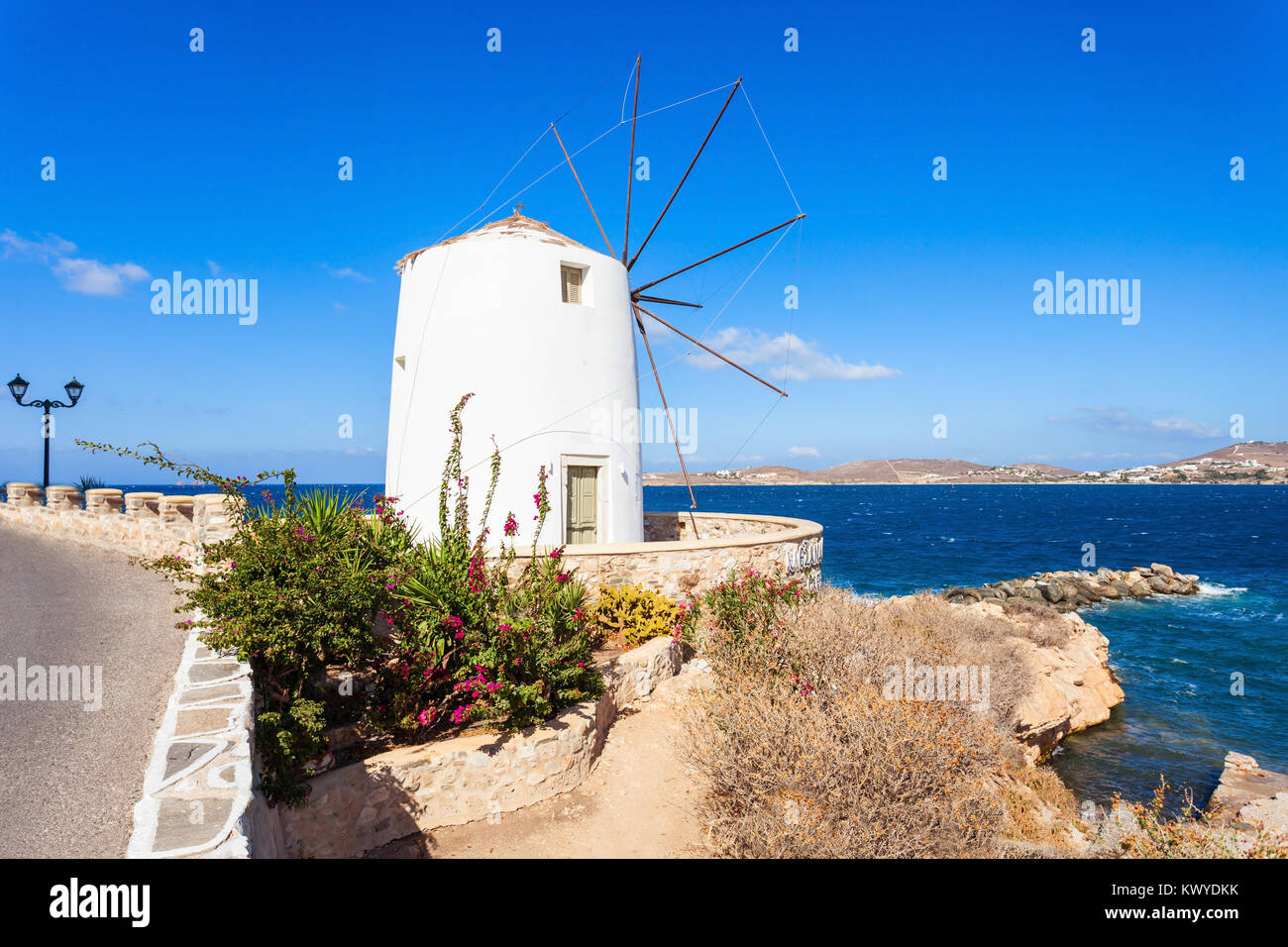 Traditional cycladic windmill in Parikia town, on the island of Paros in Greece Stock Photo