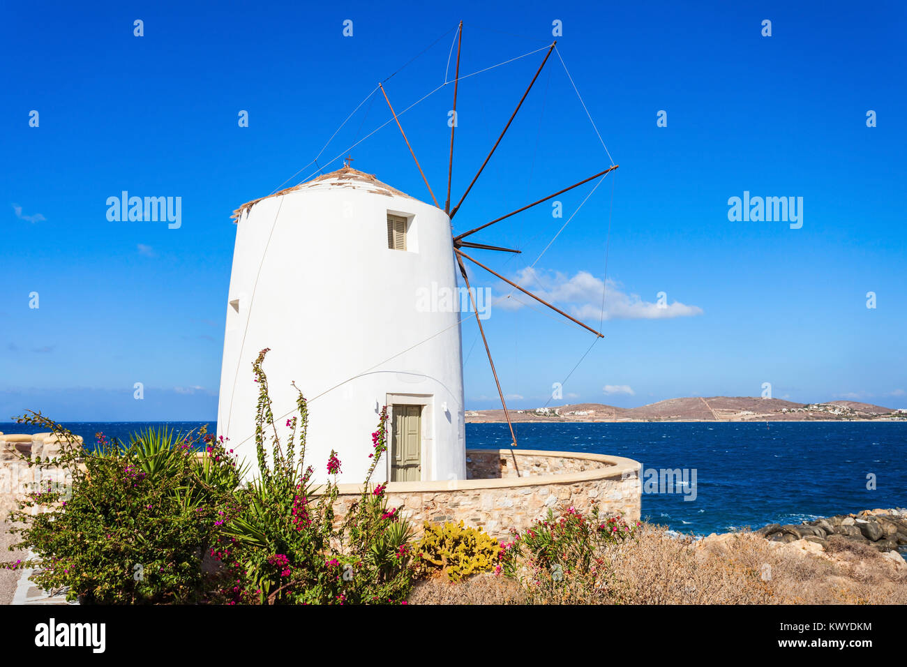 Traditional cycladic windmill in Parikia town, on the island of Paros ...