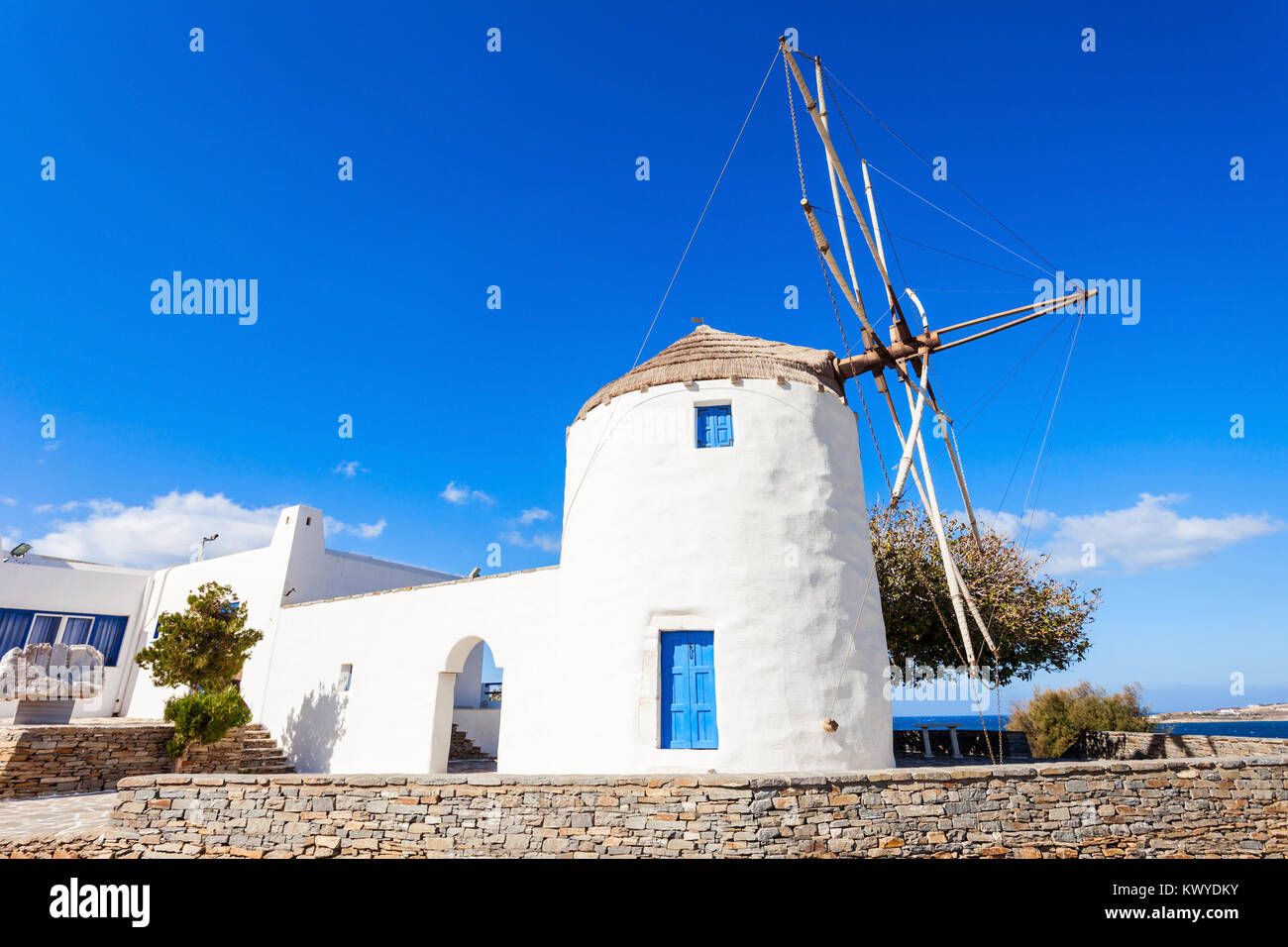 Traditional cycladic windmill in Parikia town, on the island of Paros in Greece Stock Photo
