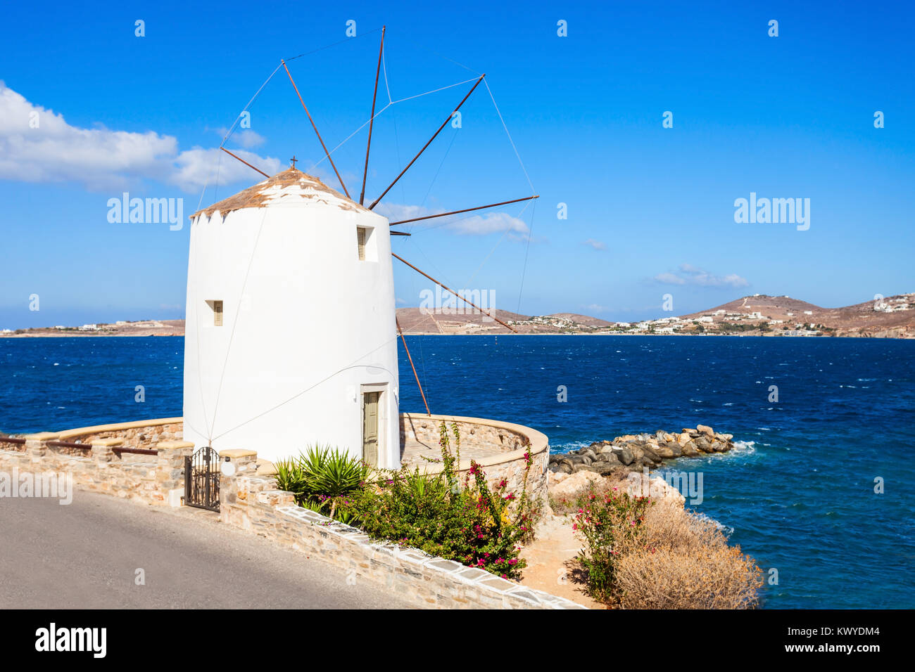 Traditional cycladic windmill in Parikia town, on the island of Paros ...