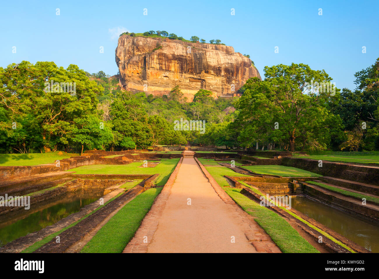 Sigiriya Rock or Lion Rock is an ancient fortress near Dambulla, Sri Lanka. Sigiriya is a UNESCO World Heritage Site. Stock Photo