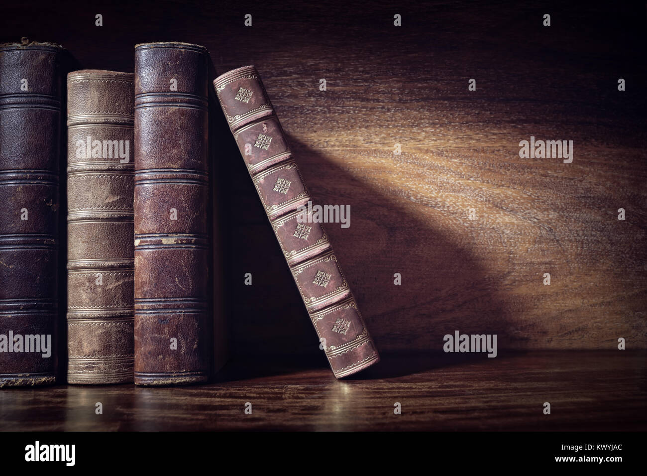 Old books on a library or bookshop shelf background with copy space Stock Photo