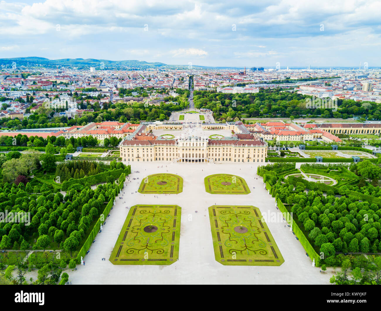 Schonbrunn Palace aerial panoramic view. Schloss Schoenbrunn is an imperial summer residence in Vienna, Austria. Schonbrunn Palace is a major tourist  Stock Photo