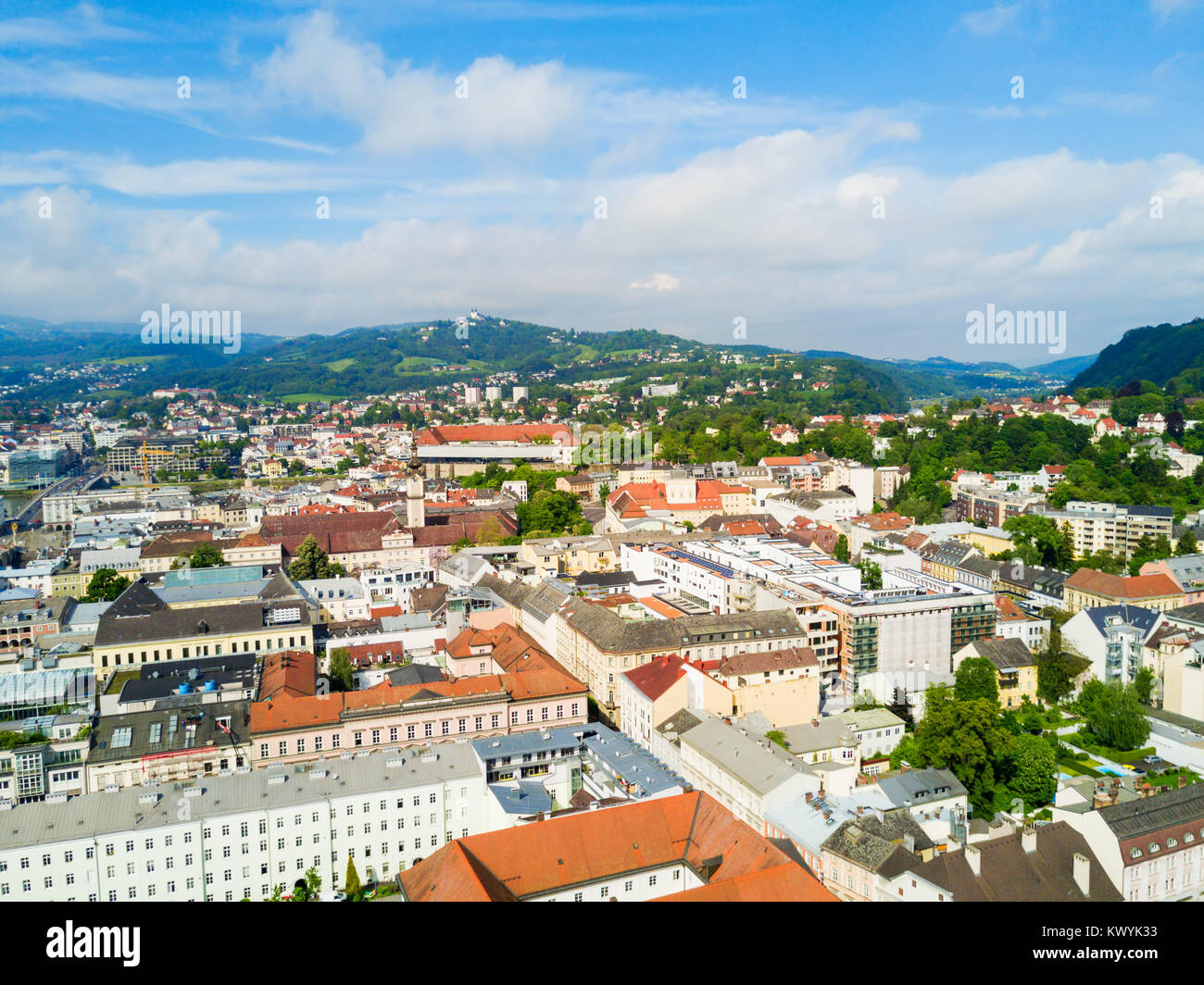 Linz city centre aerial panoramic view in Austria. Linz is the third ...