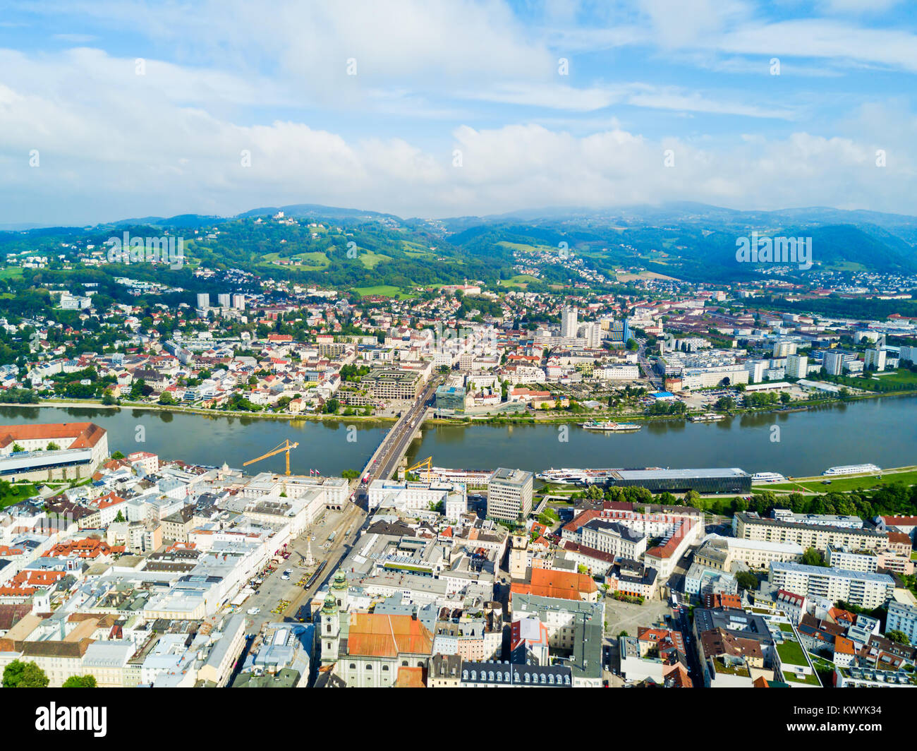 Linz city centre and Danube river aerial panoramic view in Austria. Linz is the third largest city of Austria. Stock Photo