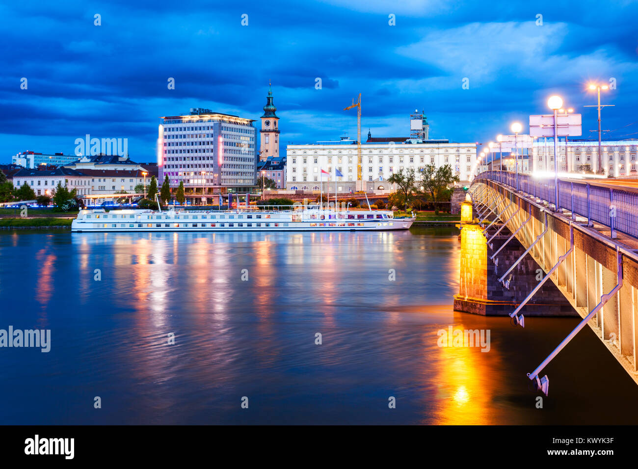 Linz city centre and Danube river in Austria. Linz is the third largest ...