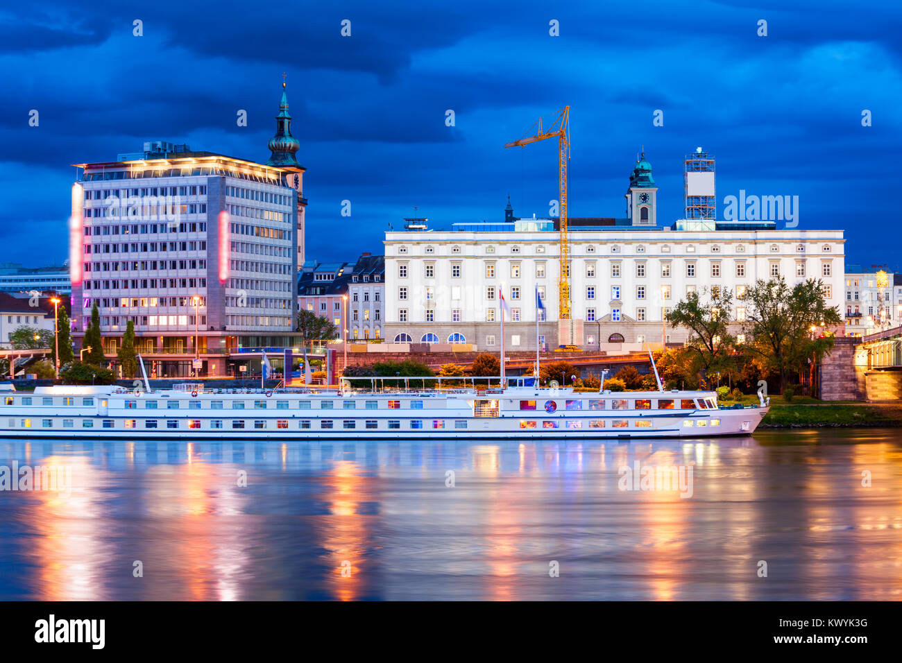 Linz city centre and Danube river in Austria. Linz is the third largest city of Austria. Stock Photo