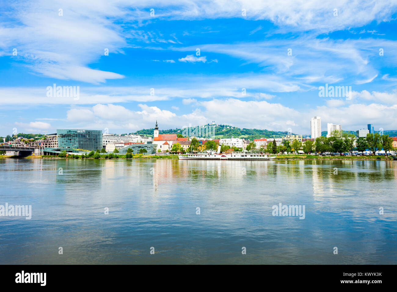 Linz city centre and Danube river in Austria. Linz is the third largest ...
