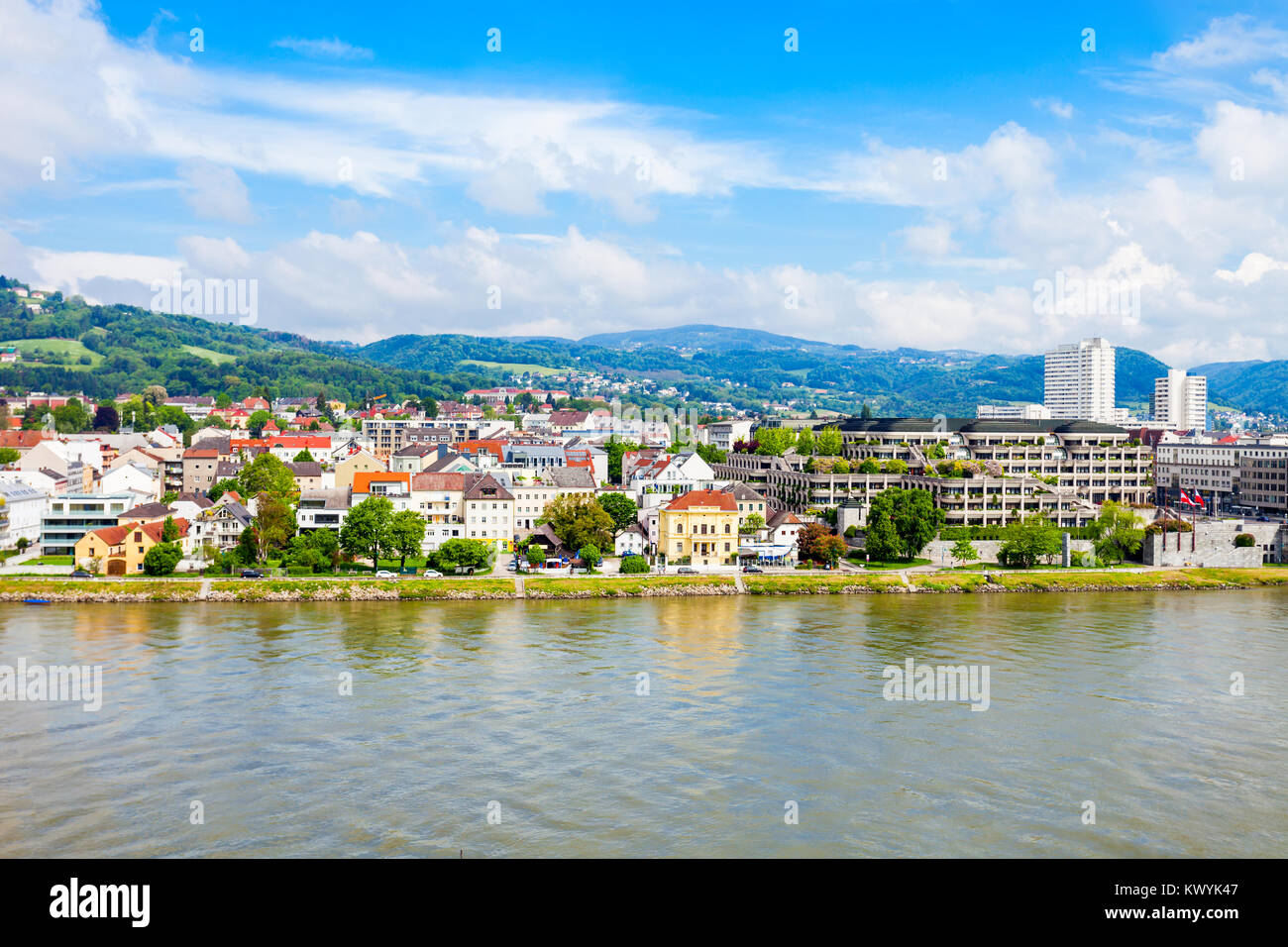 Linz city centre and Danube river in Austria. Linz is the third largest ...
