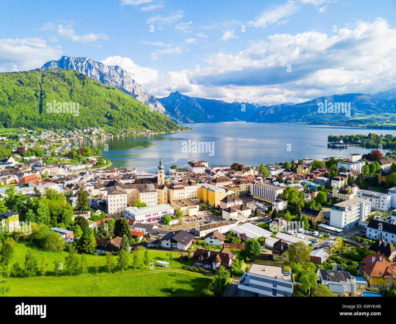 Gmunden town lakeside and Traunsee lake aerial panoramic view, Austria.  Gmunden is a town in Salzkammergut region in Upper Austria Stock Photo -  Alamy