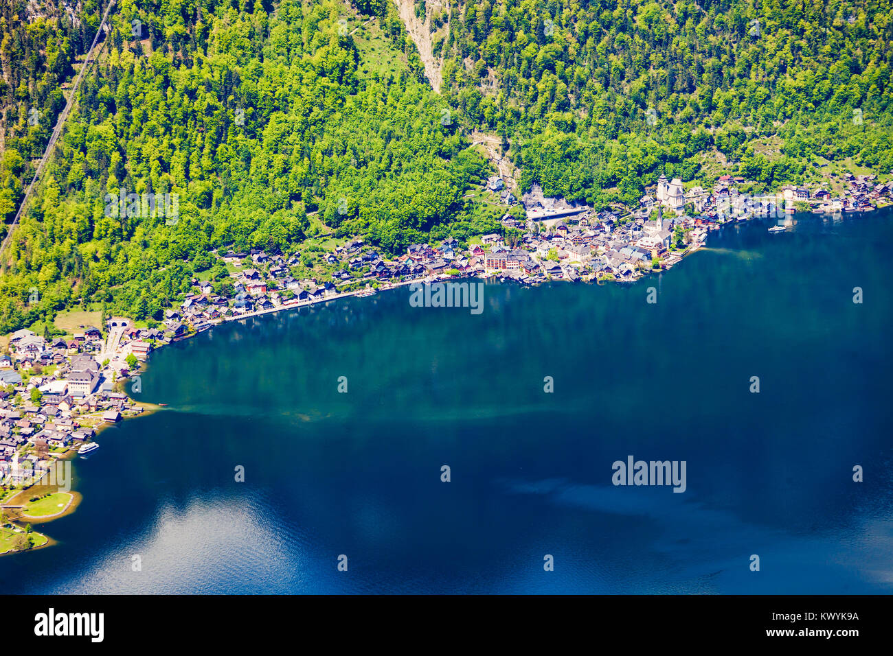 Hallstatt old town and Hallstatter See lake in Upper Austria. Hallstatt is a village in the Salzkammergut region near Salzburg in Austria. Stock Photo