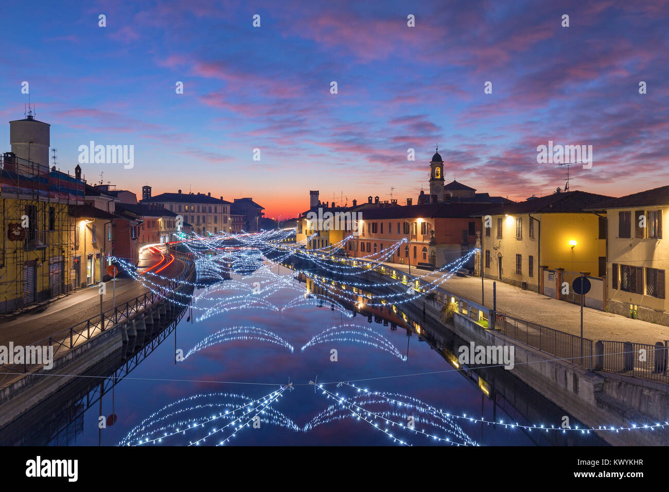 GAGGIANO, ITALY - DECEMBER 2017; Christmas lights on the Great Naviglio near Milan. Stock Photo