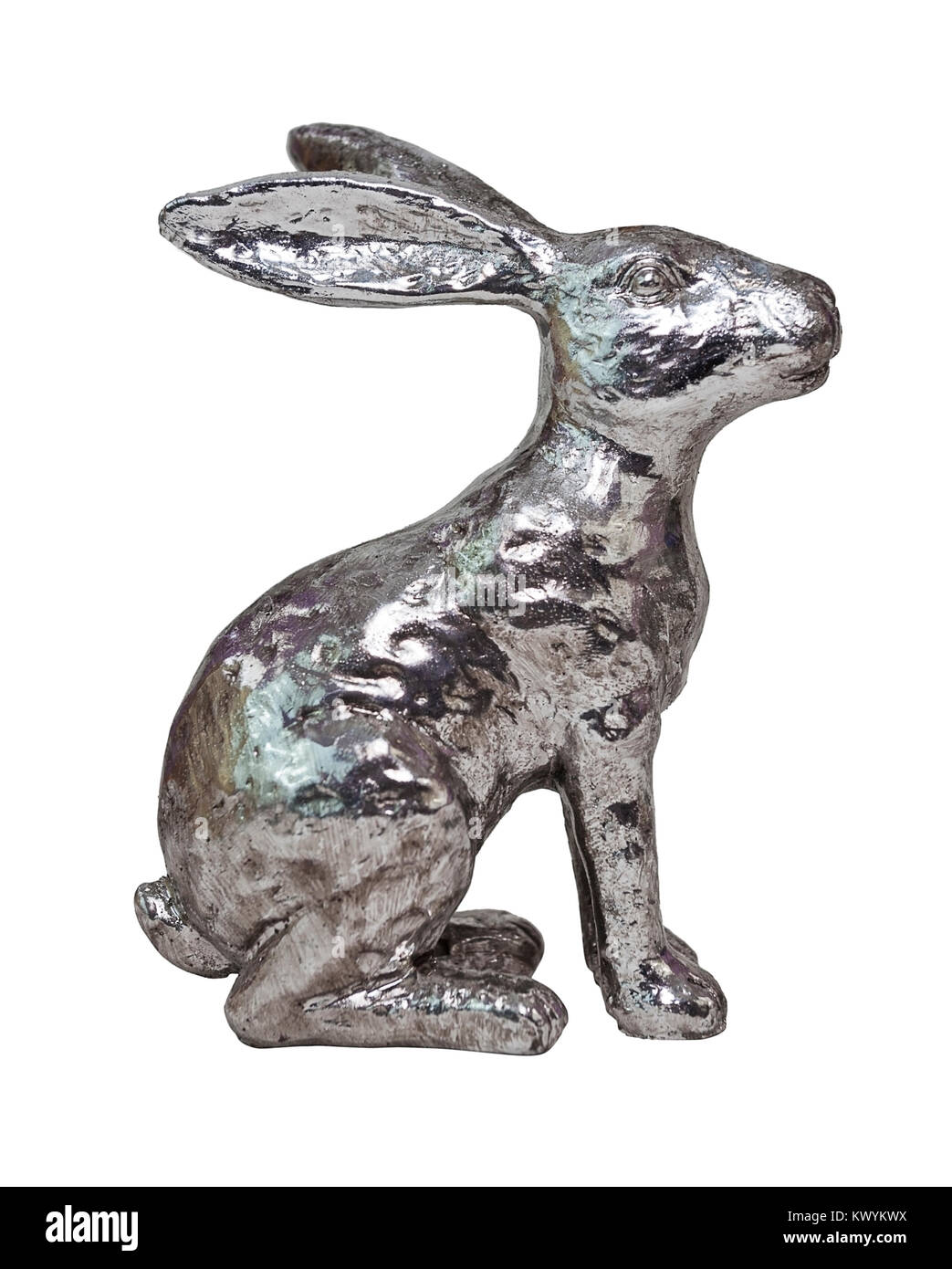 Front view of shiny metallic coated Easter bunny. Stock Photo