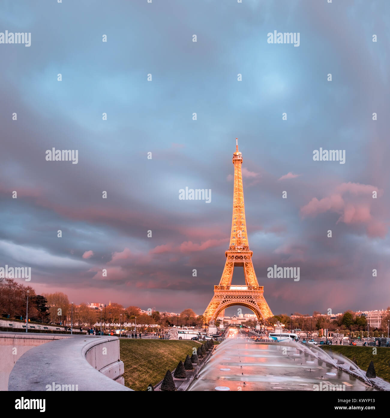 PARIS, FRANCE APRIL 21 2016 The Eiffel tower on a sunset. The Eiffel