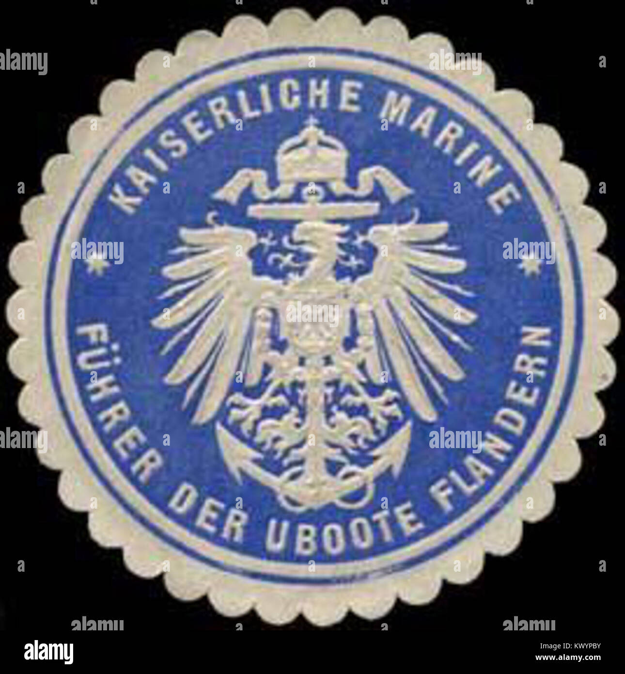 This seal belongs to the Imperial Navy of Germany, specifically to the leader of the U-boats in the Flanders region during World War I, symbolizing naval authority and submarine command. Stock Photo