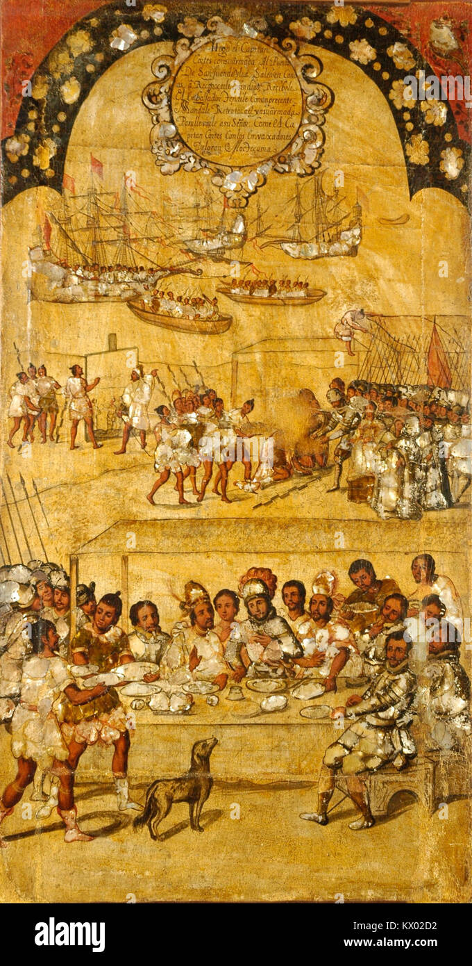 Miguel Gonzales' 'La Conquista de México' is a famous painting depicting the Spanish conquest of the Aztec Empire. This piece, shown in the Google Art Project, illustrates the historical events and the dramatic moments of this era in Mexican history. Stock Photo