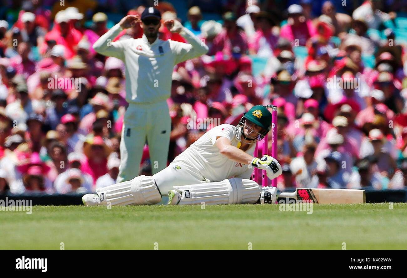 Australia's Steve Smith plays an unconventional shot during day two of the Ashes Test match at Sydney Cricket Ground. Stock Photo