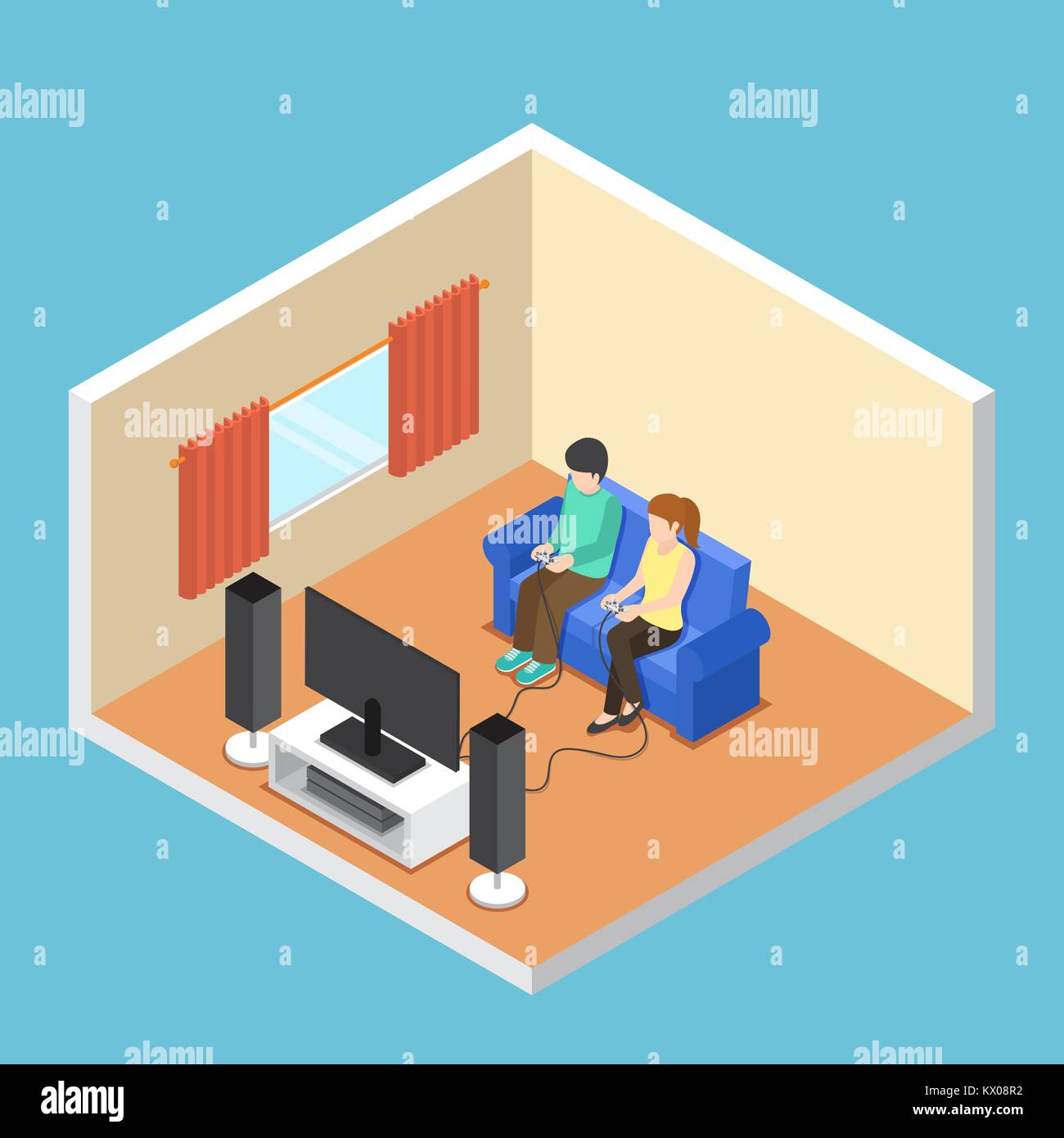 Flat 3d isometric man and woman playing video game in the living room. Stock Vector