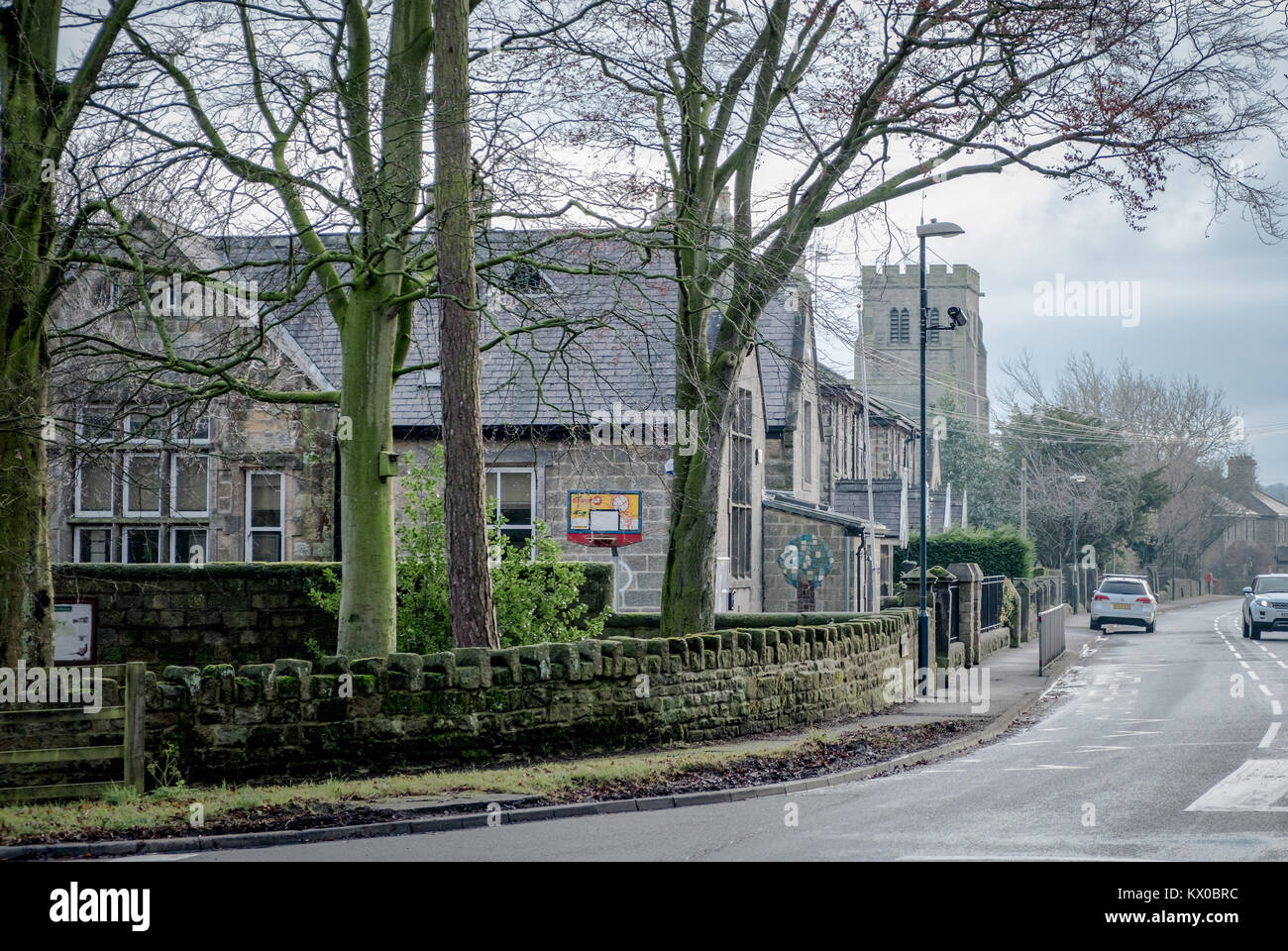 View of Beckwithshaw down the main road. Beckwithshaw village, North Yorkshire, United Kingdom. The village has not changed significantly in 100 years Stock Photo