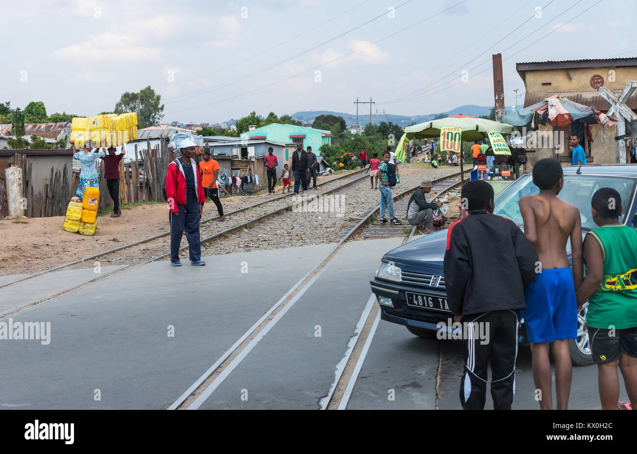 An old railroad track, abandoned because of lack of equipment and maintenance. Madagascar, Africa. Stock Photo