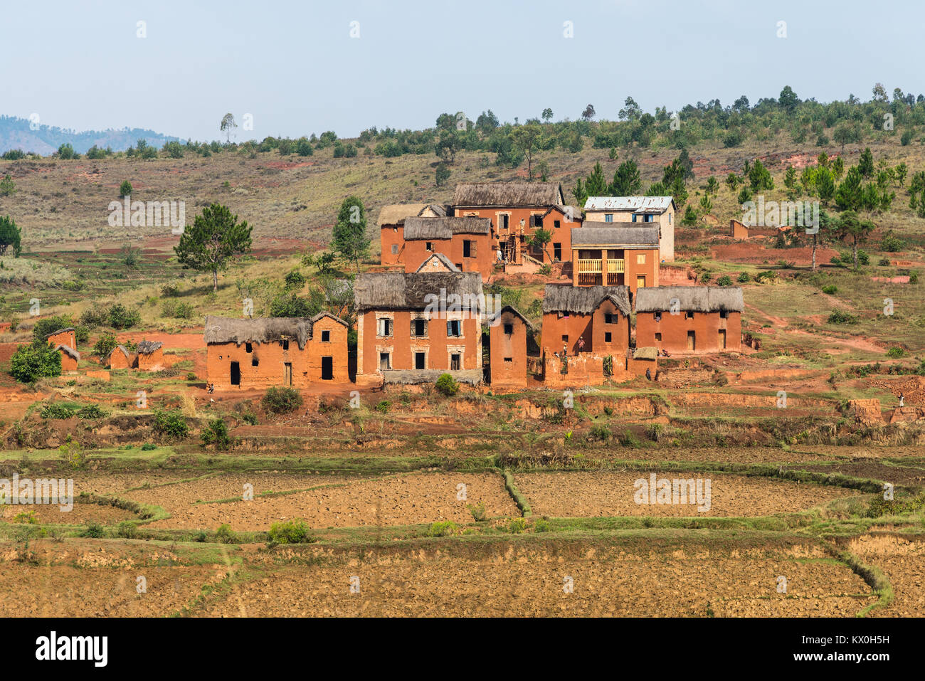 Typical local houses with colorful clay walls in southeastern Madagascar, Africa. Stock Photo