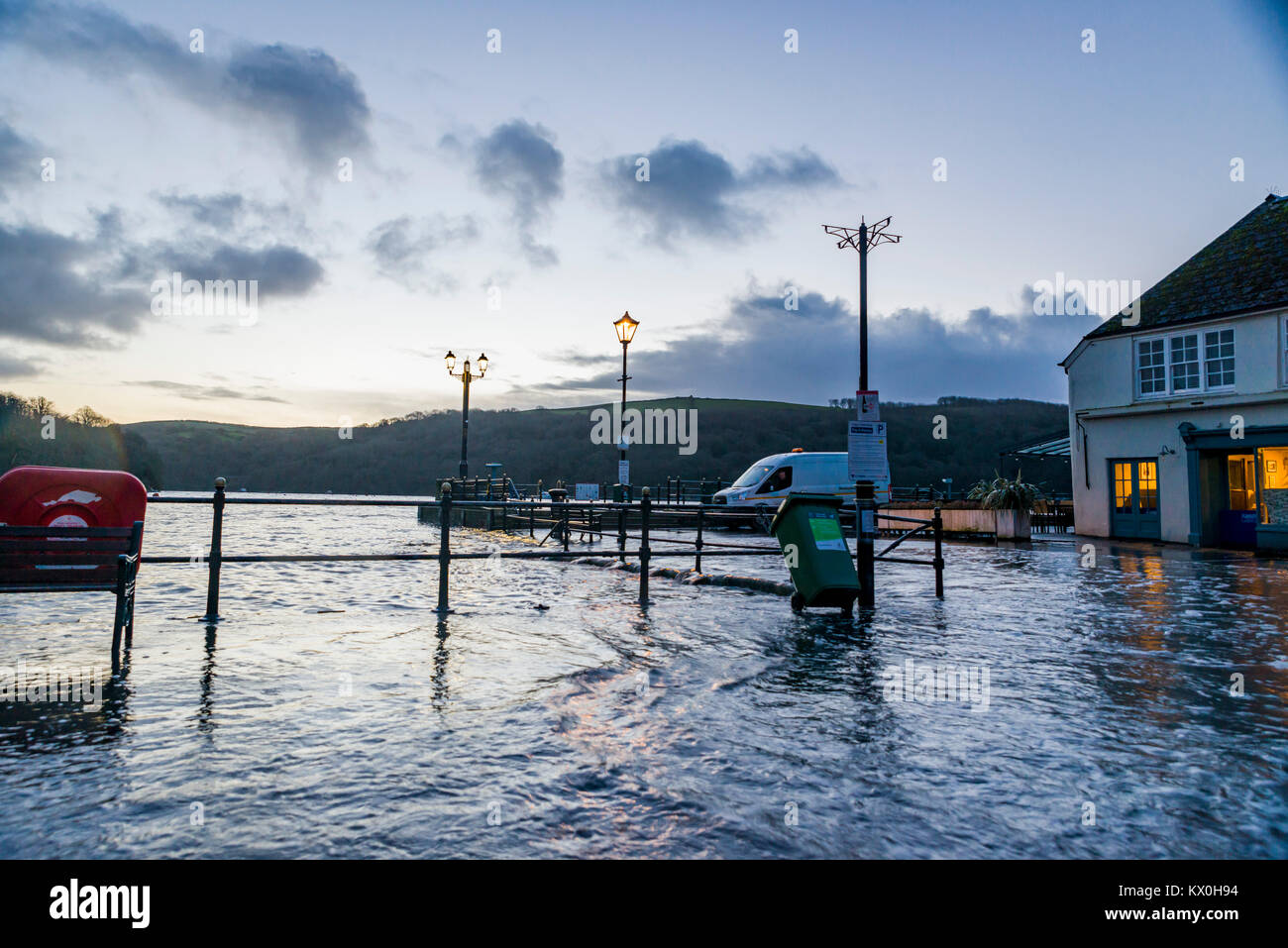 UK Weather & Seasons Fowey Harbour Qauy begins to flood at the break