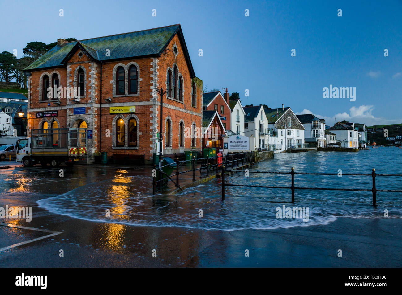 UK Weather & Seasons Fowey Harbour Qauy begins to flood at the break