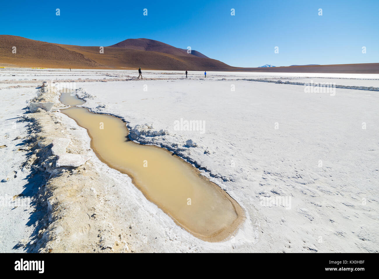Salt lake on the Andes, road trip to the famous Uyuni Salt Flat, among the most important travel destination in Bolivia, South America. Stock Photo
