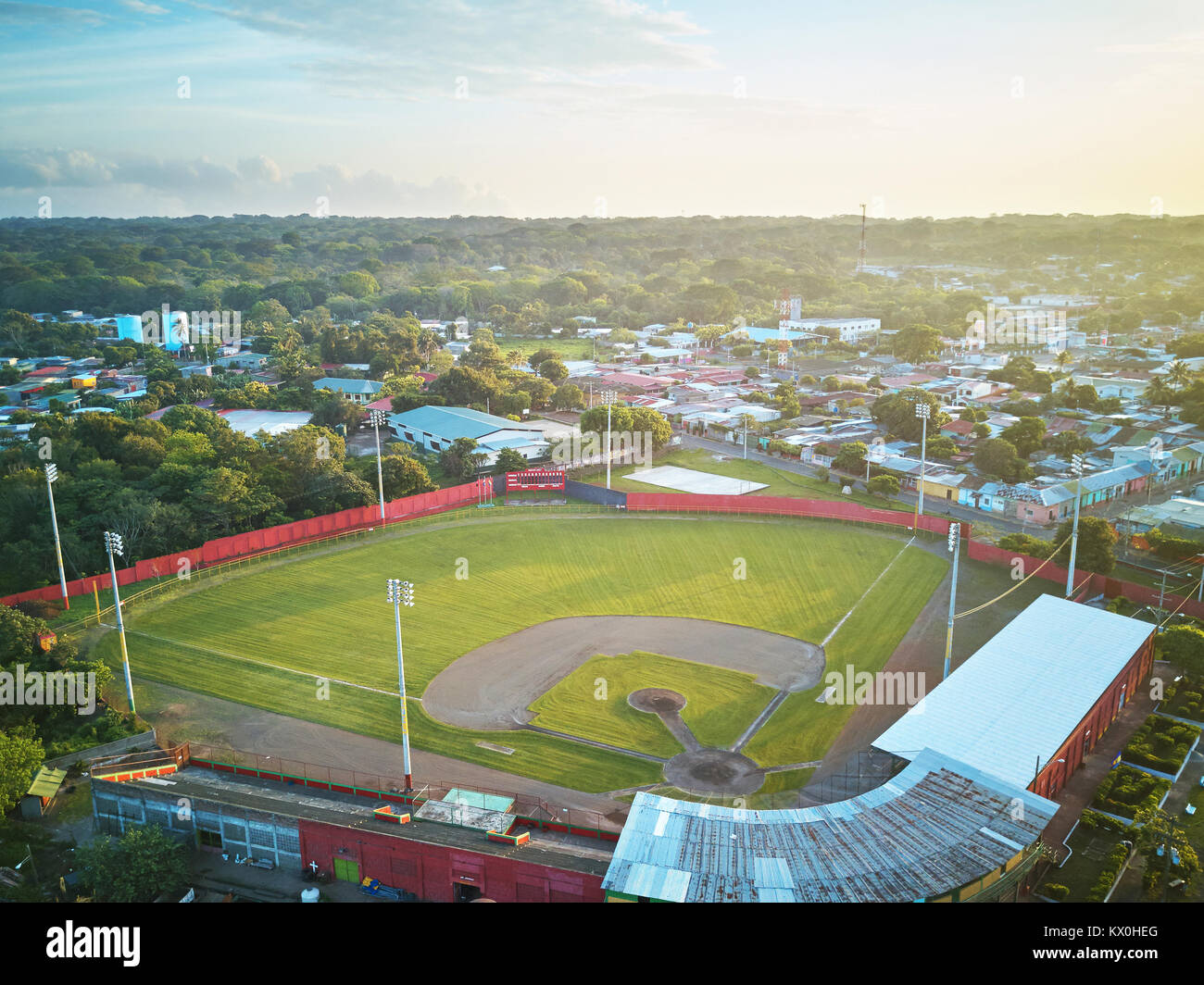 Baseball stadium  in morning sunny light aerial drone view Stock Photo