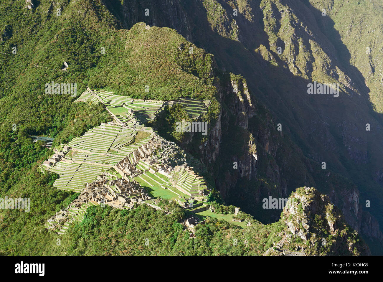 Machu Picchu in morning sun light top view Stock Photo