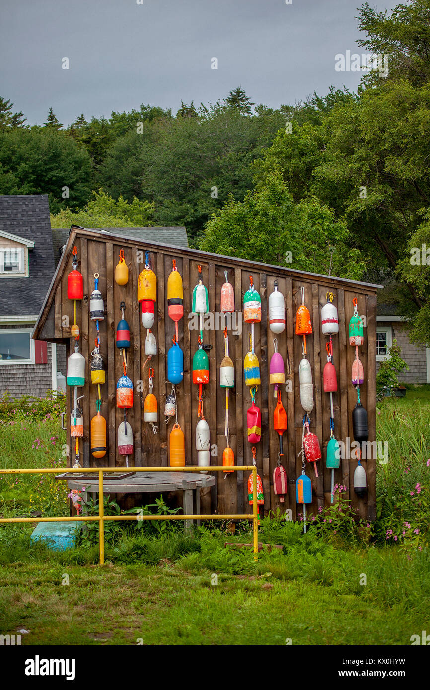 Lobster trap buoys in a New England harbor in Maine, USA Stock Photo